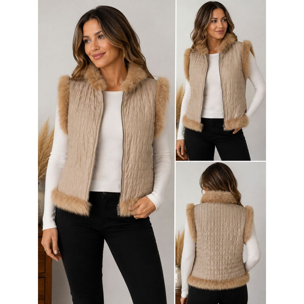 Athabasca M 100% Silk Genuine Fox Fur Trim Luxury Quilted Zip Vest Beige